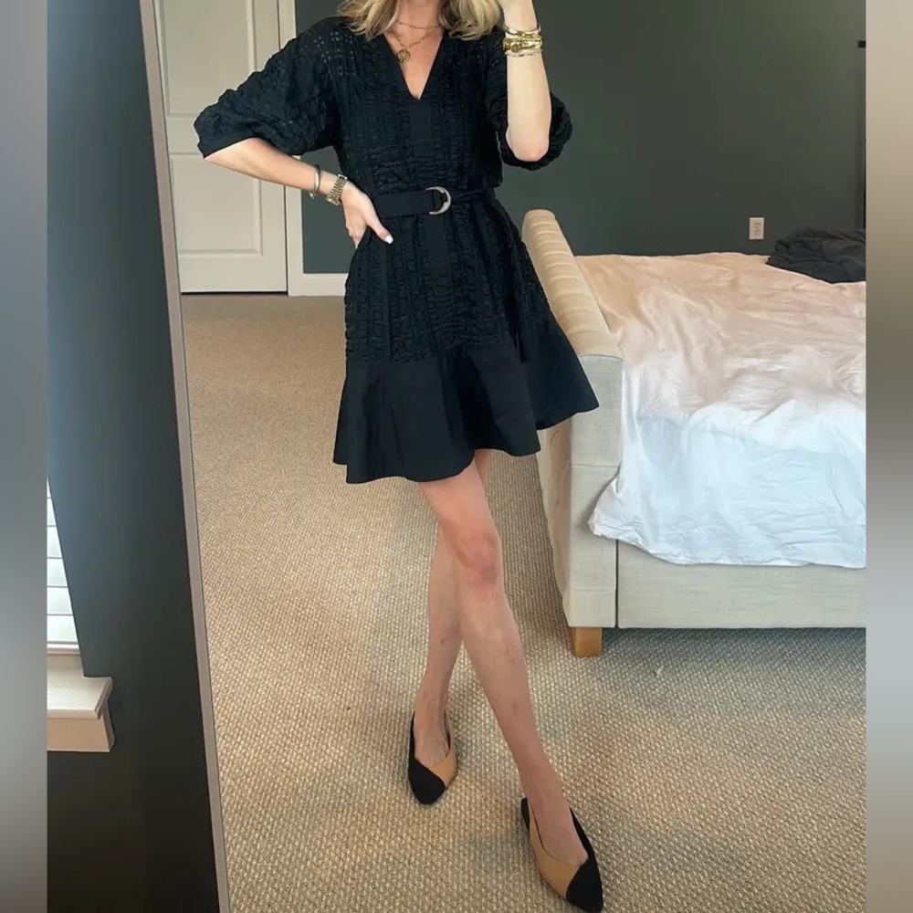 3.1 Phillip Lim Black Puff Sleeve Quilted Texture Sheer Dress
